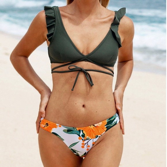 Olive and Floral Ruffle Lace Up Bikini - Picture 4 of 5